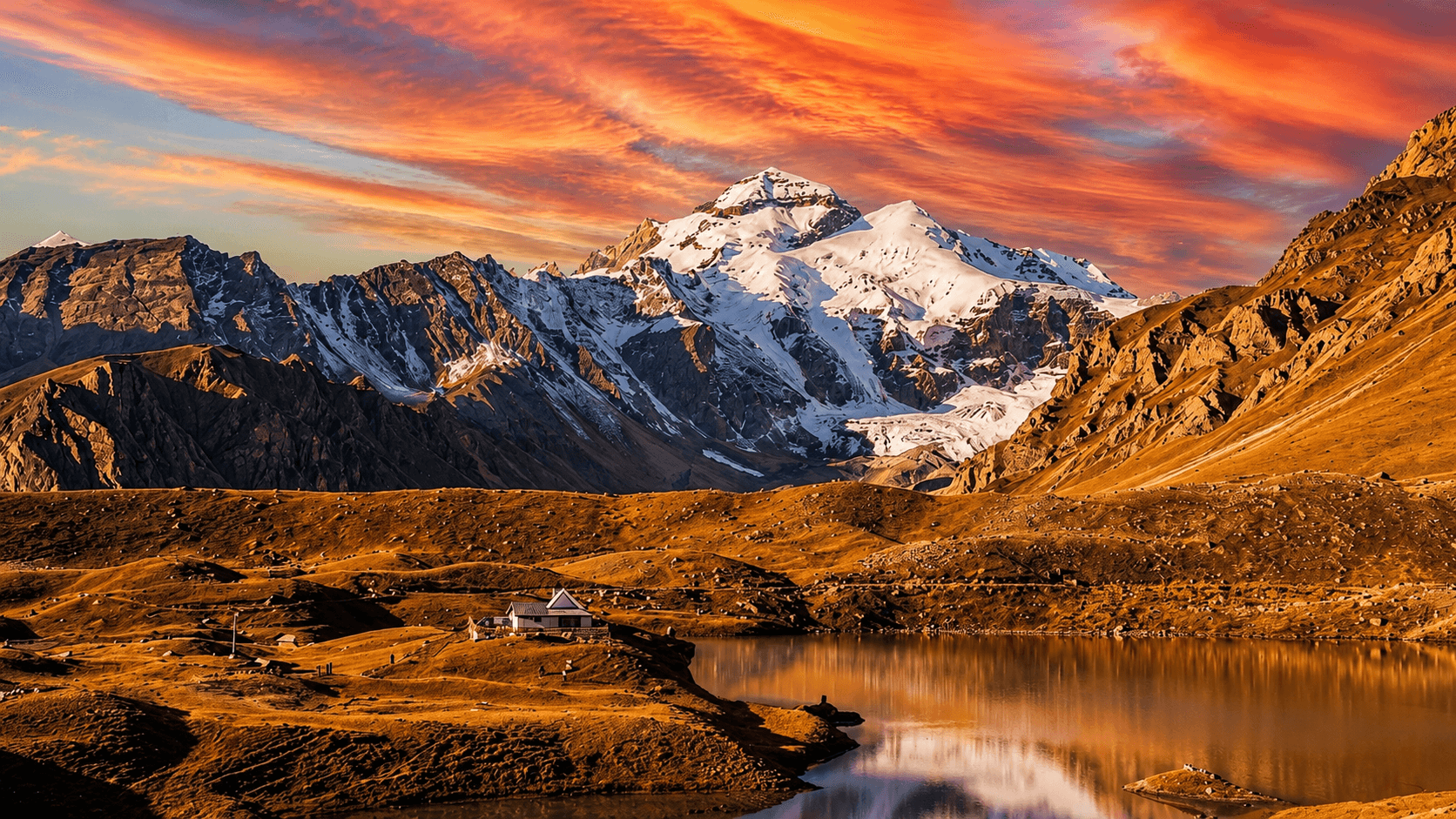 Adi Kailash peak and Parvati Sarovar sacred lake at golden hour, Jolingkong, Uttarakhand
